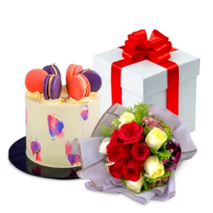 Sumptuous Ambrosia Day Caramel Chocolate 5" Cake 1.3kg dressed with delectable French Macarons and serenaded with a Bouquet of Fresh Roses Flowers. | Cake delivery Kuala Lumpur - Ambrosia Day Macarons Caramel Chocolate Designer Cake